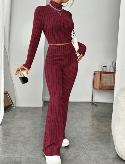 Ensemble Col Roulé Manches Longues et Pantalon Large Taille Haute