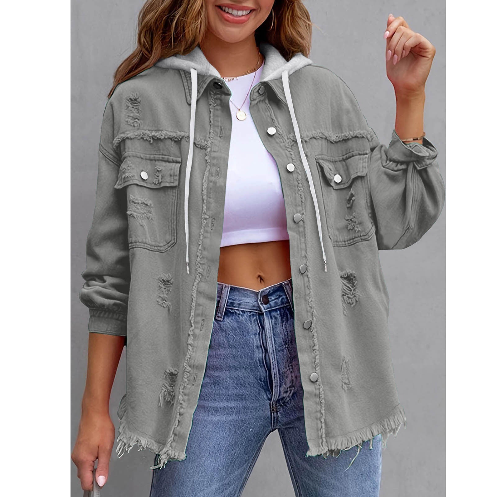 Chaqueta vaquera con capucha holgada de color liso para mujer
