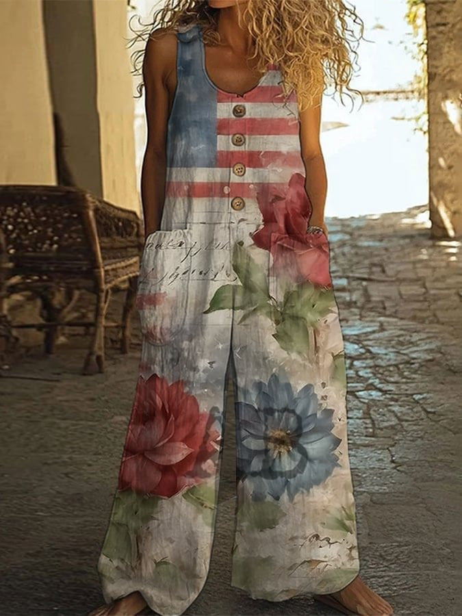 Women's Vest With Pockets Fashion Floral Jumpsuit