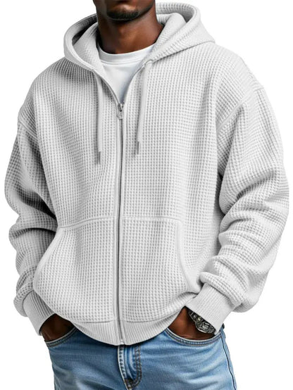 Mens warm zip-up hoodie by AdTec with kangaroo pockets and ribbed cuffs in light gray knit