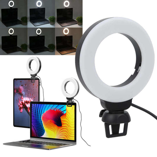 Lumière d'appoint pour vidéoconférence de 4 pouces, lampe de photographie en direct pour ordinateur, lumière de selfie LED, lampe annulaire LED à alimentation USB, intensité réglable avec support de téléphone