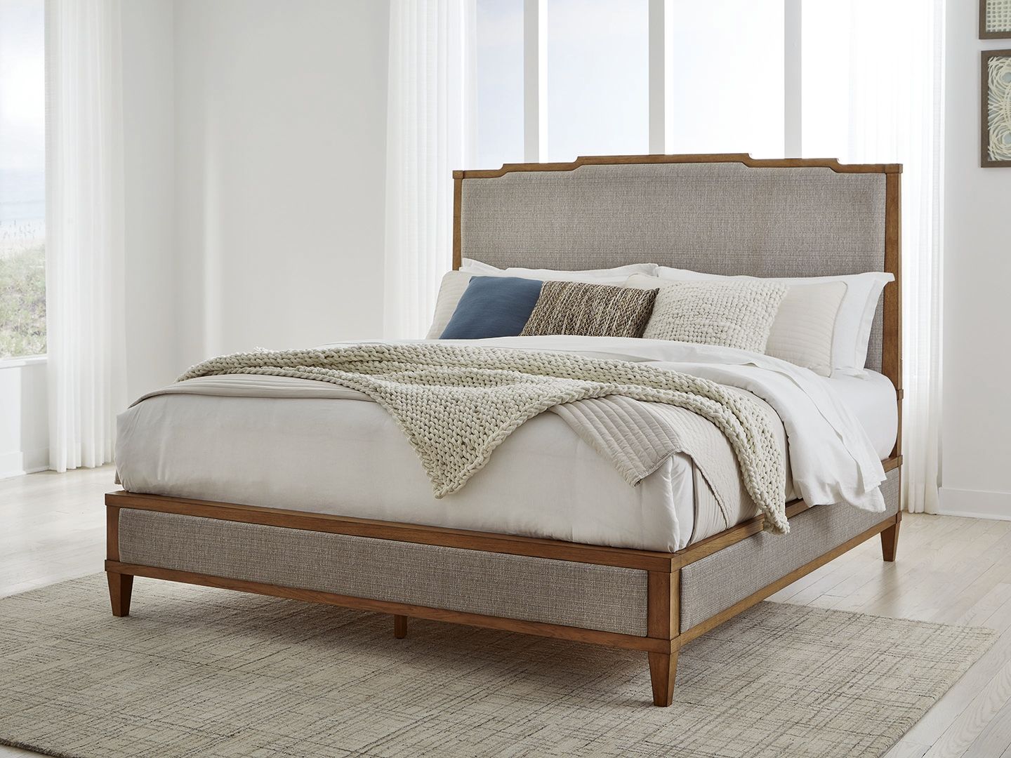 Light Brown Upholstered Panel Bed Frame with Wood Details-1