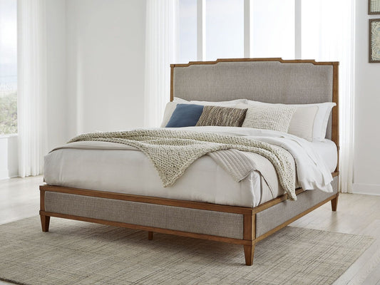 Light Brown Upholstered Panel Bed Frame with Wood Details-1