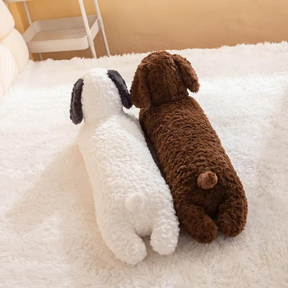 Dachshund plush long pillow pair in white and brown fur on a fluffy rug