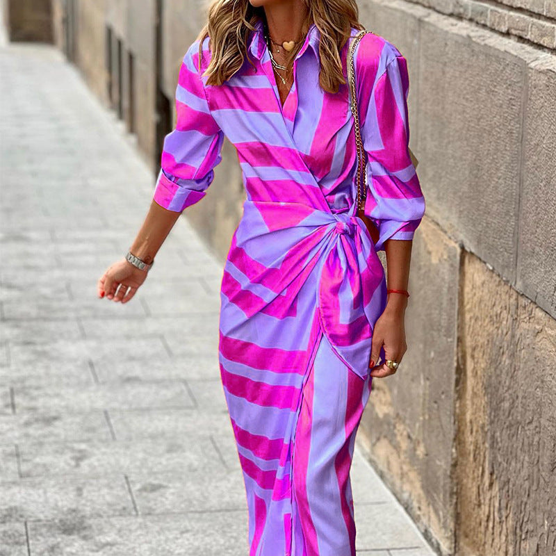 Robe à rayures imprimées de style européen et américain avec cardigan à lacets