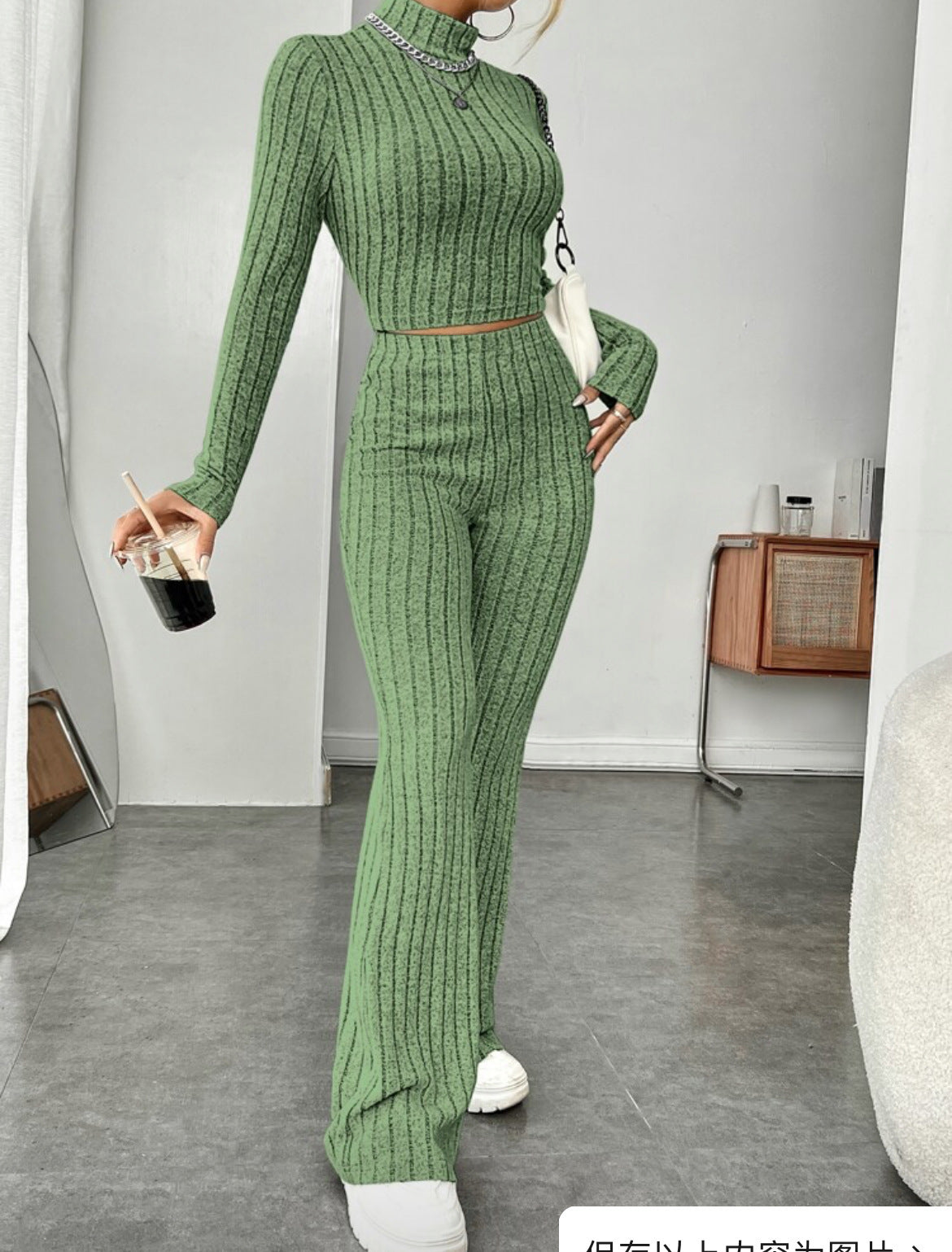Ensemble Col Roulé Manches Longues et Pantalon Large Taille Haute