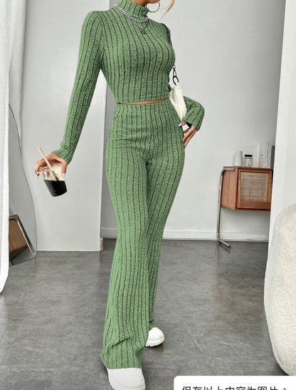 Ensemble Col Roulé Manches Longues et Pantalon Large Taille Haute