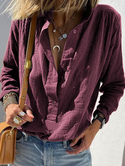 Chemisier pull à manches longues décontracté ample et élégant en coton et lin de couleur unie avec boutons style rétro