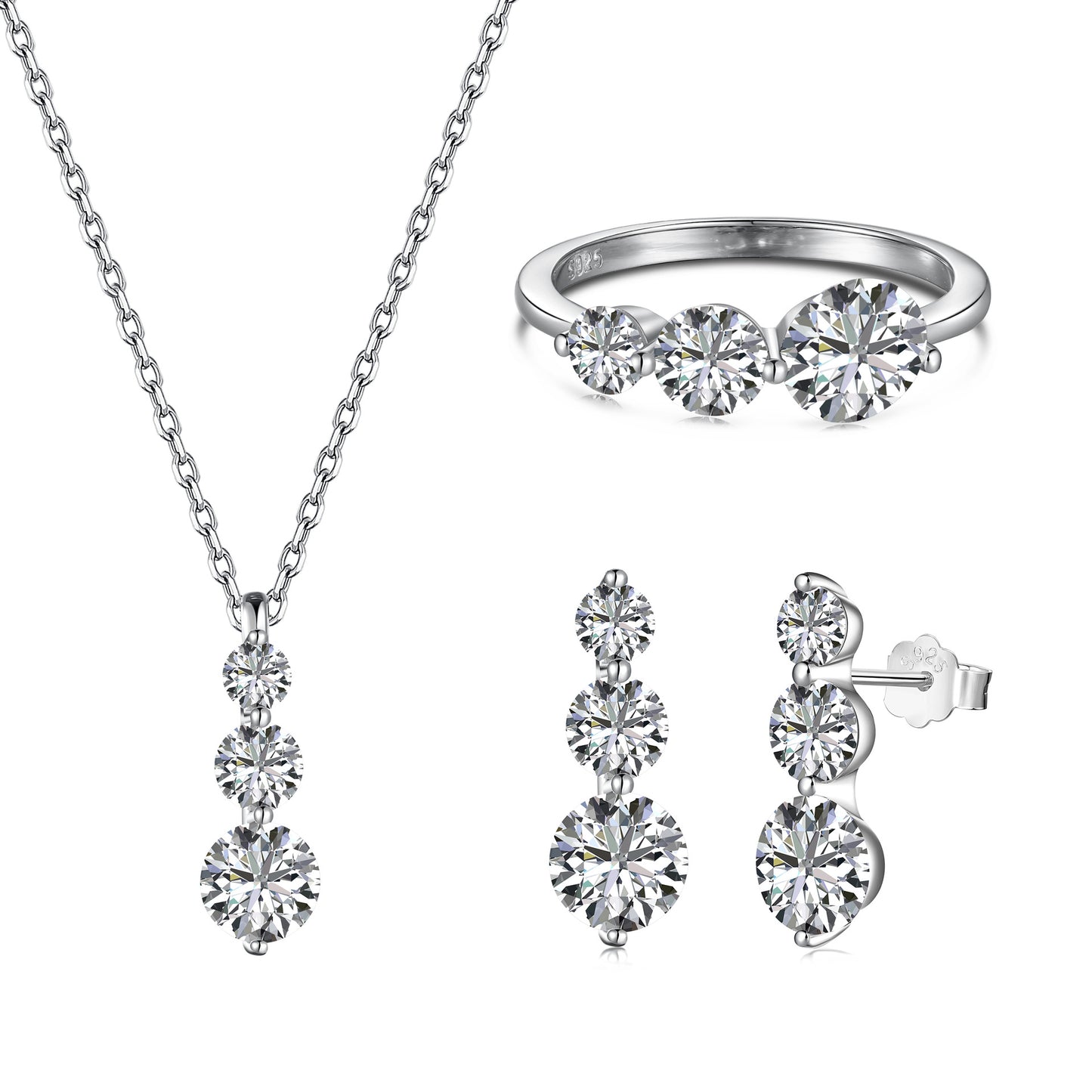 Parure Bague, Collier et Boucles d'Oreilles en Argent Sterling S925 avec Zircons Ronds