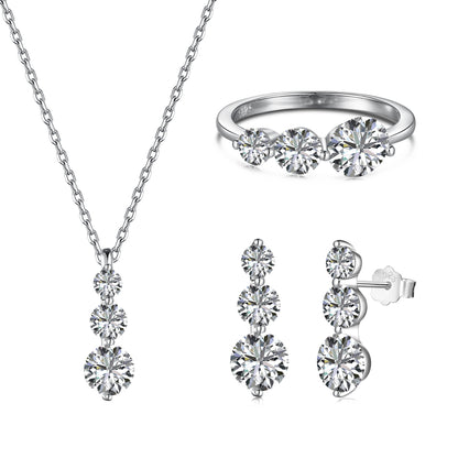 Parure Bague, Collier et Boucles d'Oreilles en Argent Sterling S925 avec Zircons Ronds