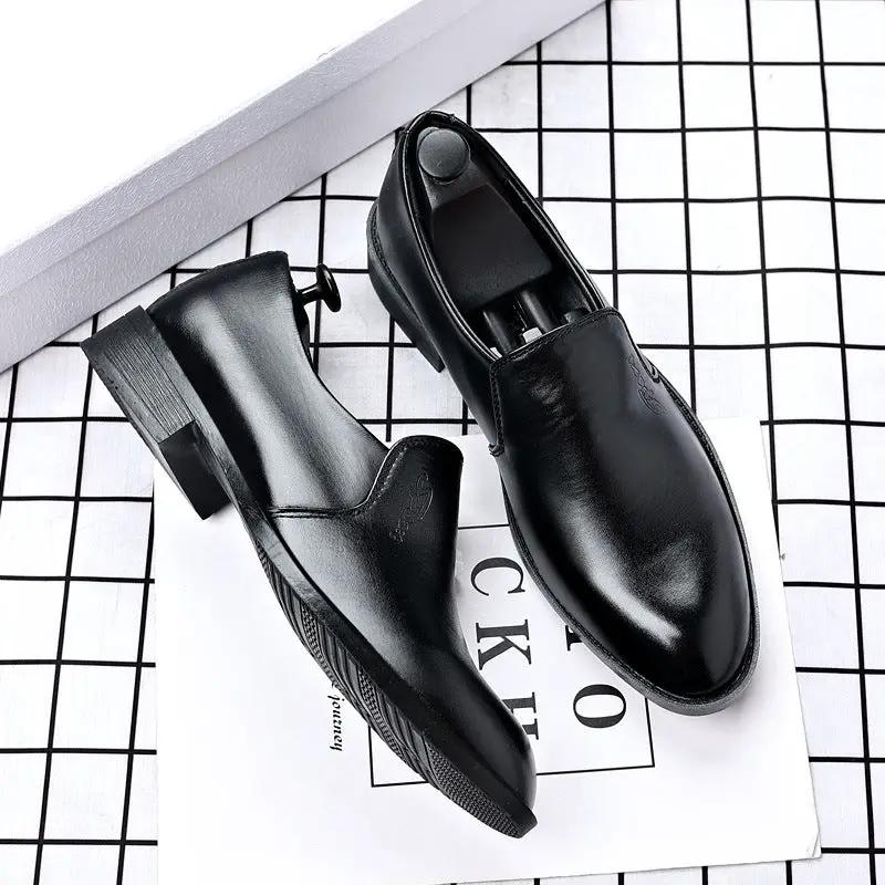 AdTec men's casual business slip-on leather shoes with pointed toe, black