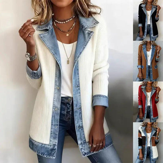 Women's patchwork denim jacket with cream knit body and light blue denim panels; five colorways shown