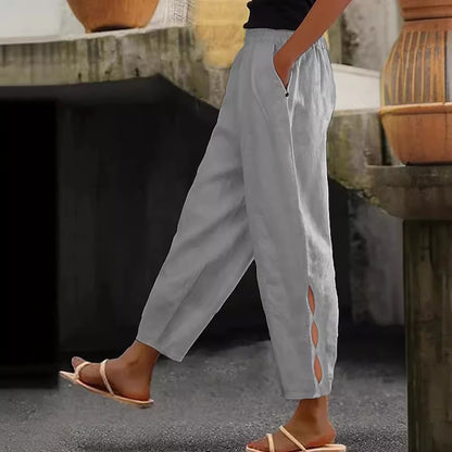 Pantalon d'été pour femme, détails creux à la cheville, avec boutons à l'ourlet