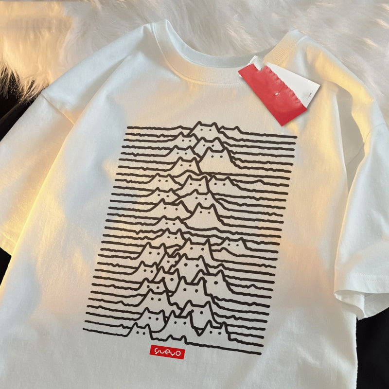 Camiseta de manga corta de algodón puro con estampado de gato de montaña, estilo casual y veraniego