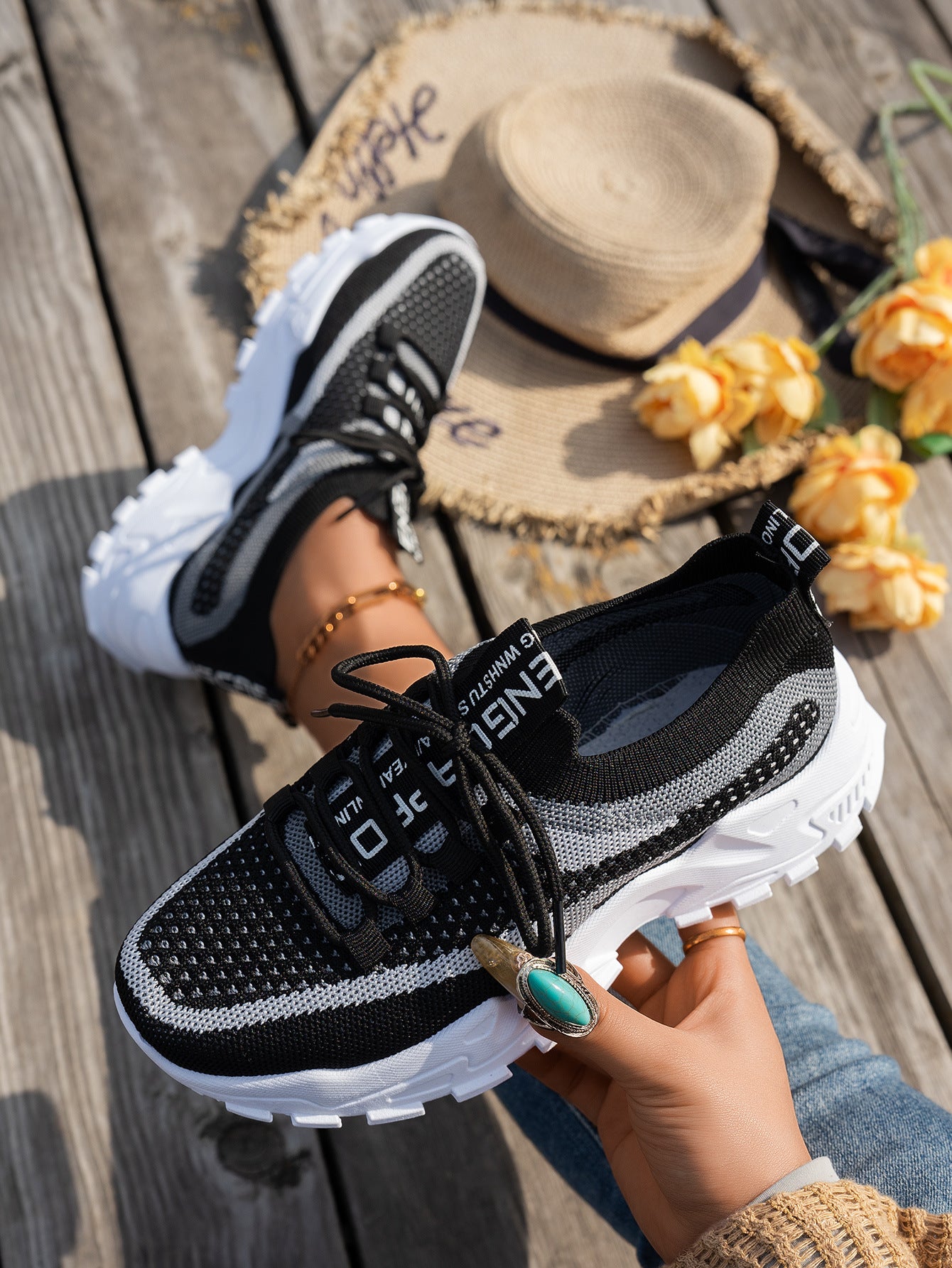 Zapatillas de malla Flyknit para mujer, transpirables, con cordones, para caminar, correr, informales