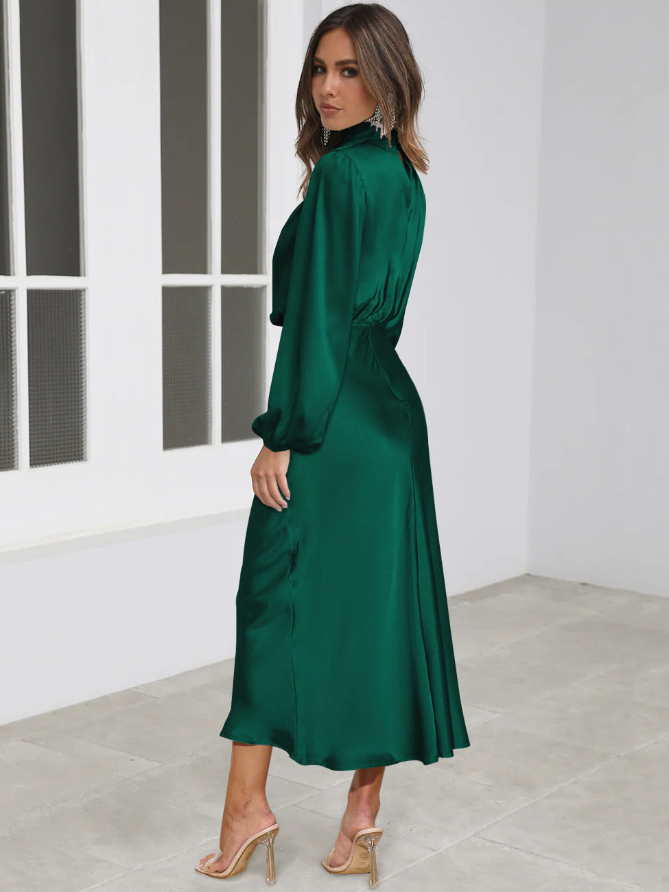 Vestido elegante de temperamento de manga larga, satén, cuello halter, vestidos de noche formales, ropa de mujer