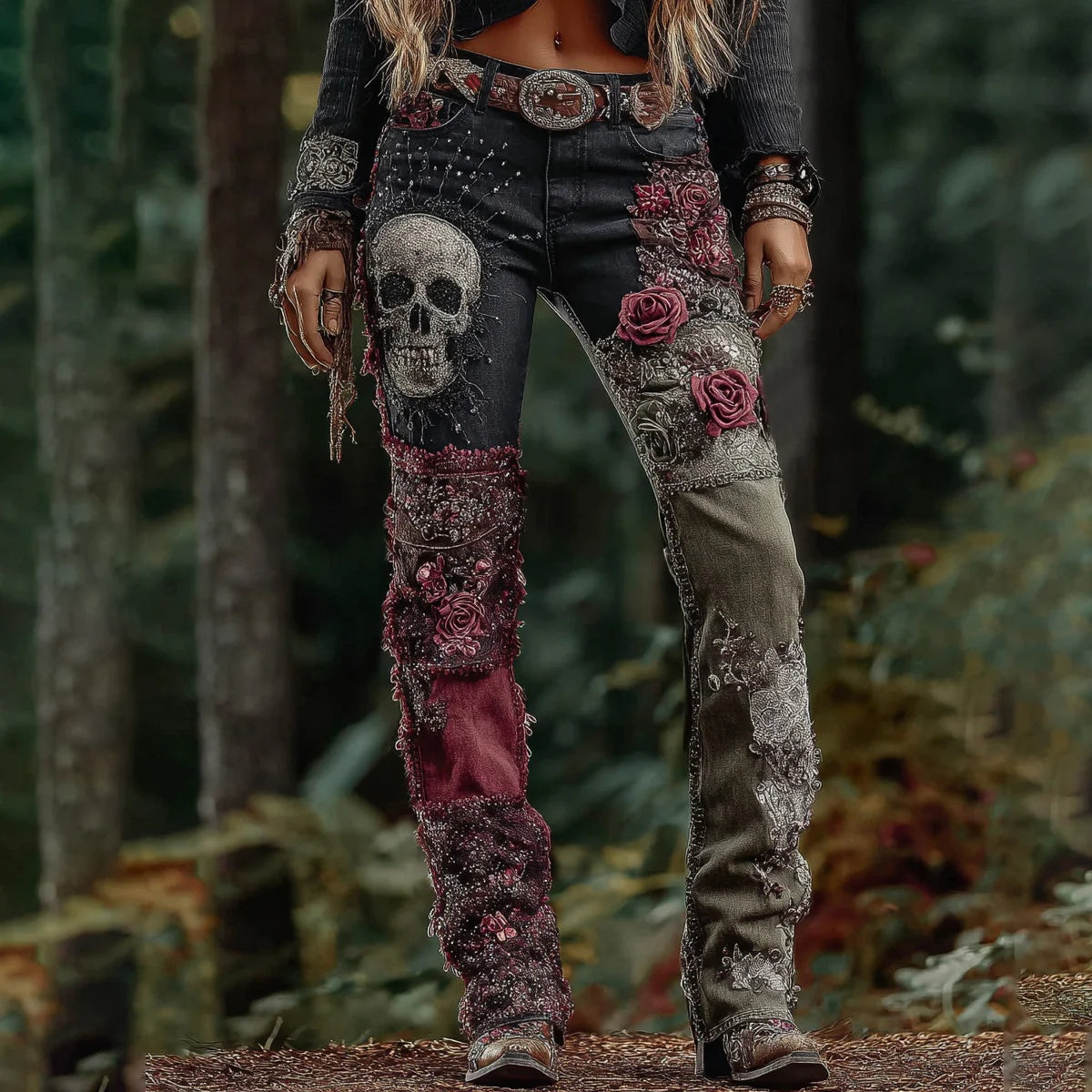 Pantalon en faux jean fleuri et coloré pour femme