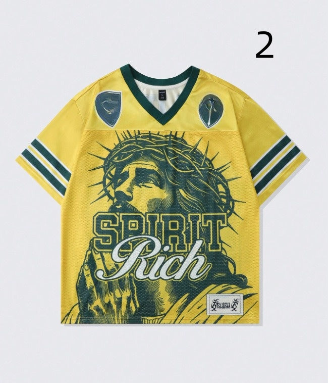 T-shirt rétro avec lettre en polyester, maille style américain rétro