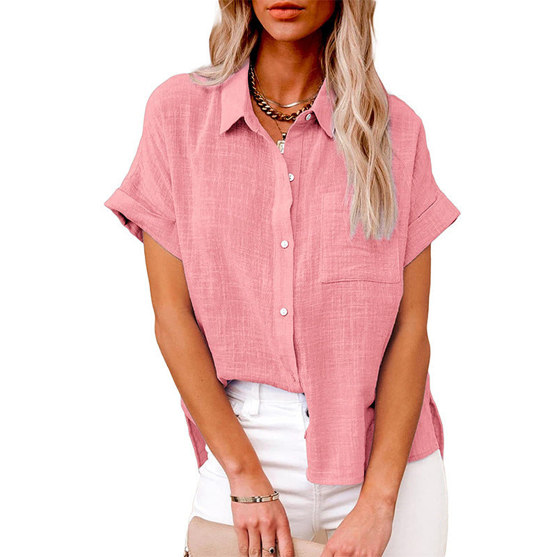 Chemisier Femme Coton Lin Décontracté Manches Courtes à Poche