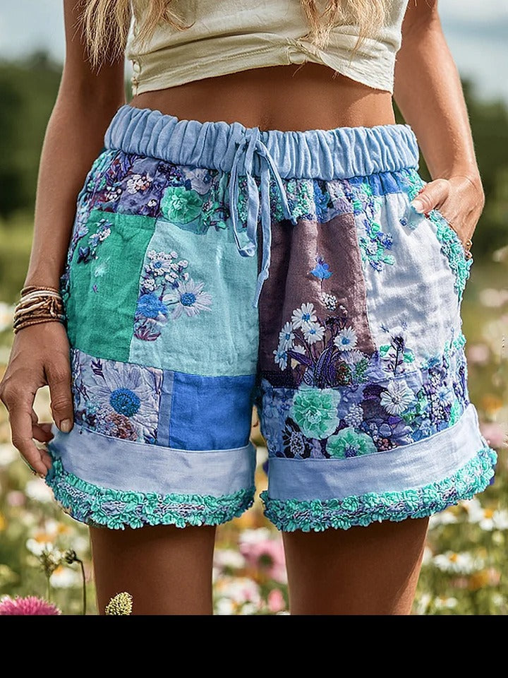 Pantalones cortos casuales de mujer con estampado floral retro europeo y americano