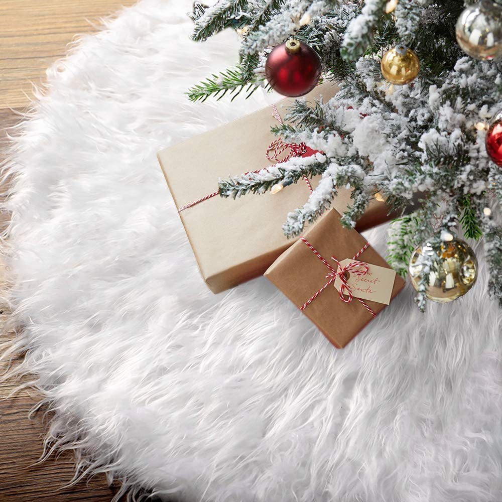 Falda de árbol de Navidad blanca de felpa de piel sintética, alfombra de árbol de Navidad, decoraciones, adorno de Año Nuevo, decoración del hogar