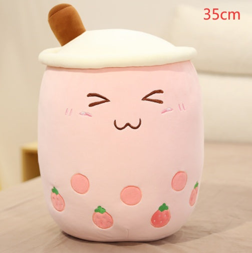 Peluche Boisson Fruitée Mignonne en Forme de Fraise Lait Thé Peluche Jouet Tasse à Thé Boba Oreiller Coussin Thé aux Perles Cadeau pour Enfants