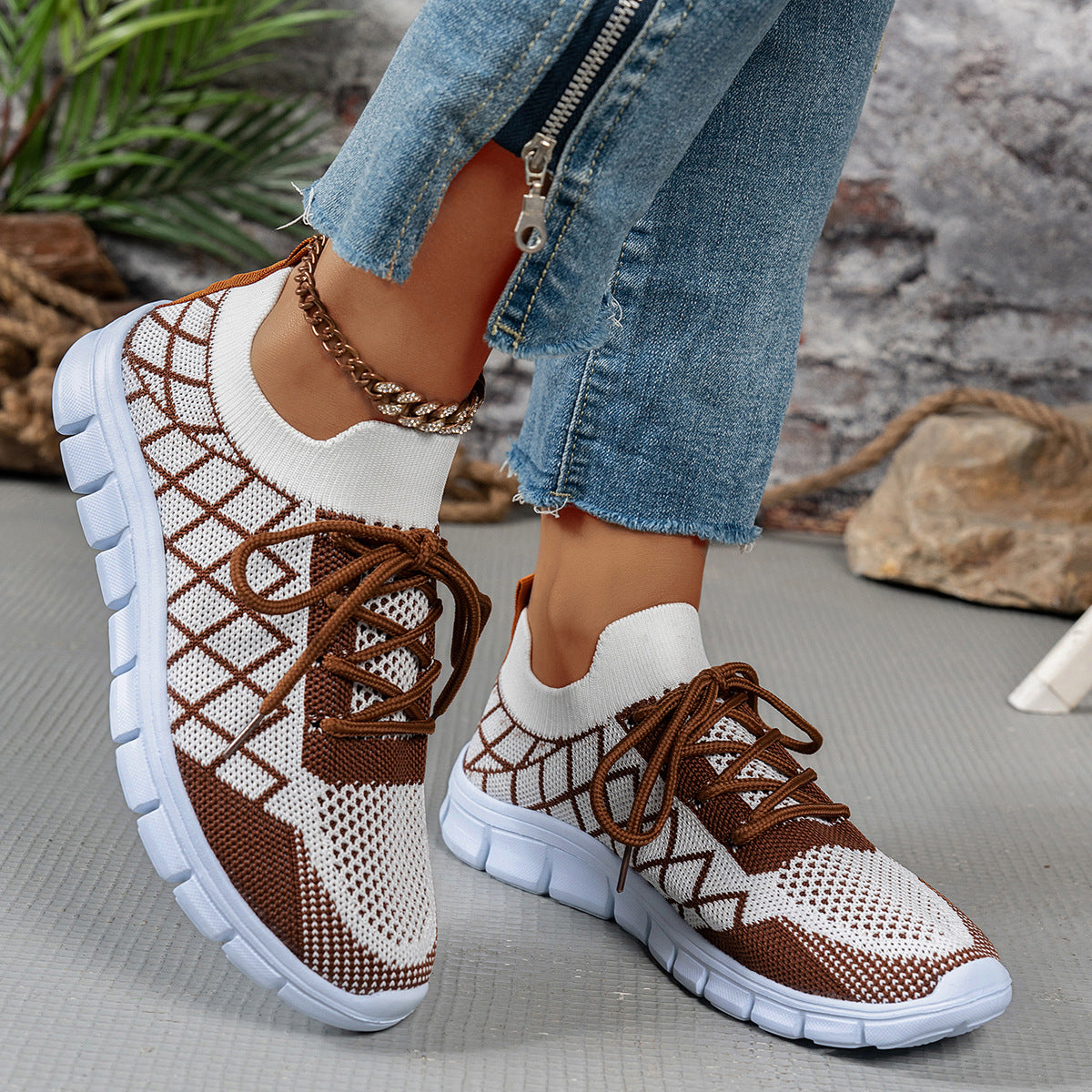 Zapatillas Flyknit con cordones y diseño de cuadros de colores para mujer, deportivas, transpirables, informales, para caminar y correr