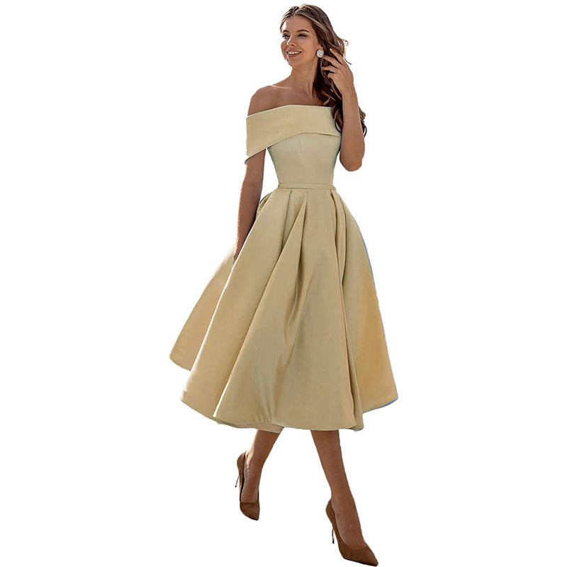 Robe de Soirée Formelle en Satin pour Femme sans Bretelles, Coupe Décontractée, Longueur Thé, Épaules Dénudées, avec Poches