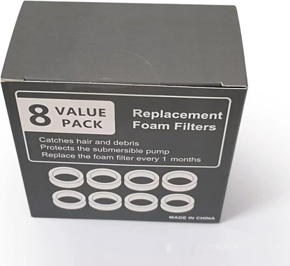 AdTec 8-pack replacement foam filters for pet water dispenser; white foam rings.
