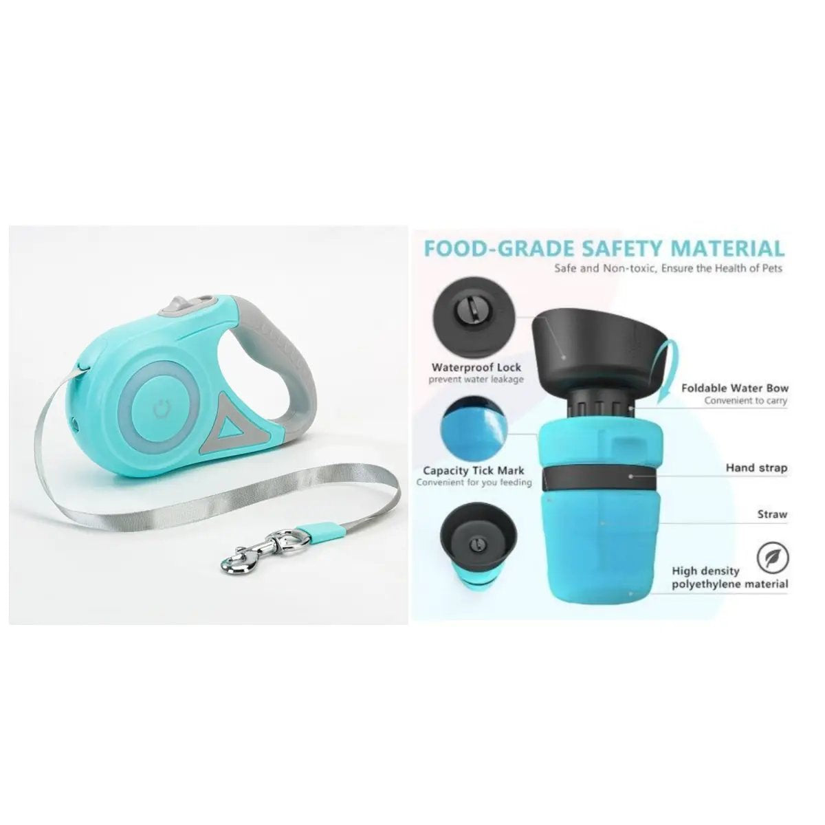 AdTec turquoise retractable dog leash with clip and foldable water bottle accessory