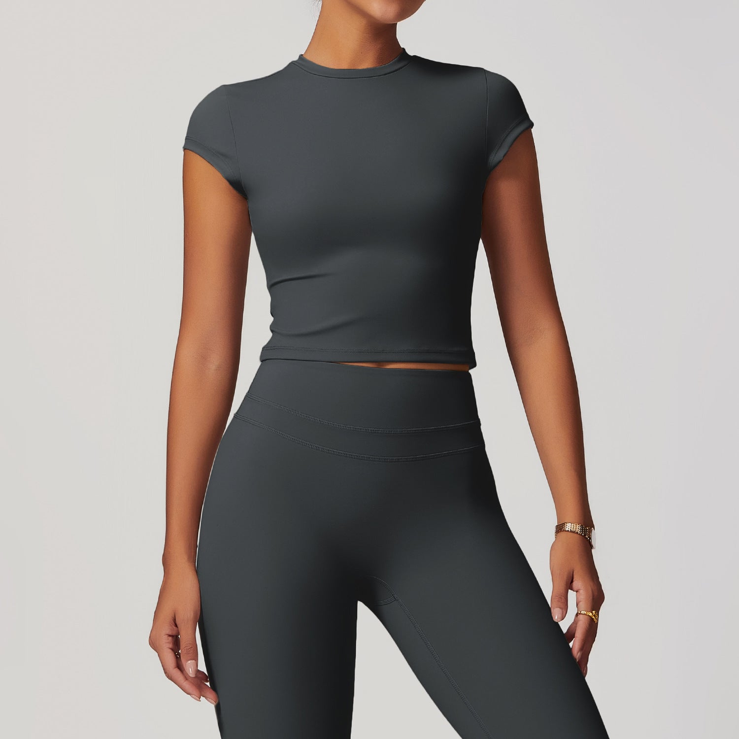 Ropa de yoga europea y americana para hacer ejercicio, camiseta de yoga de manga corta ajustada con espalda cepillada para mujer