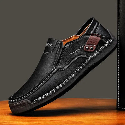 Meridian Hand Stitched Men's Outdoor Casual Shoes, AdTec black leather slip-on with white stitching