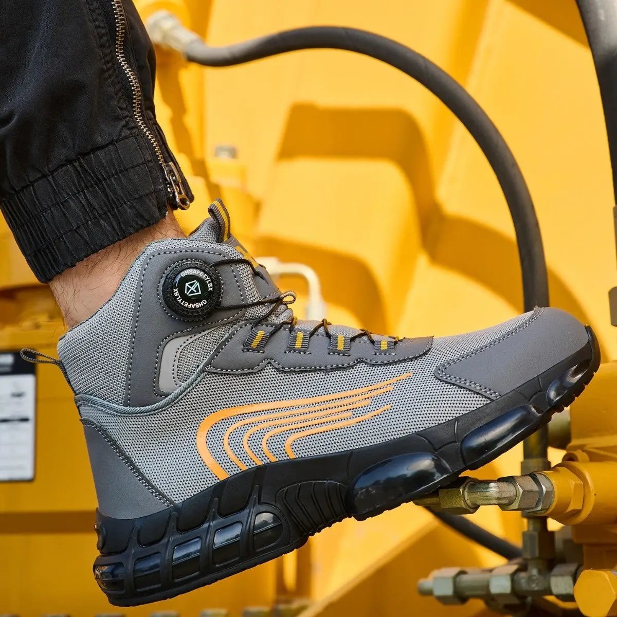 Aegis high-top safety shoes with flyknit support by AdTec in gray with orange accents
