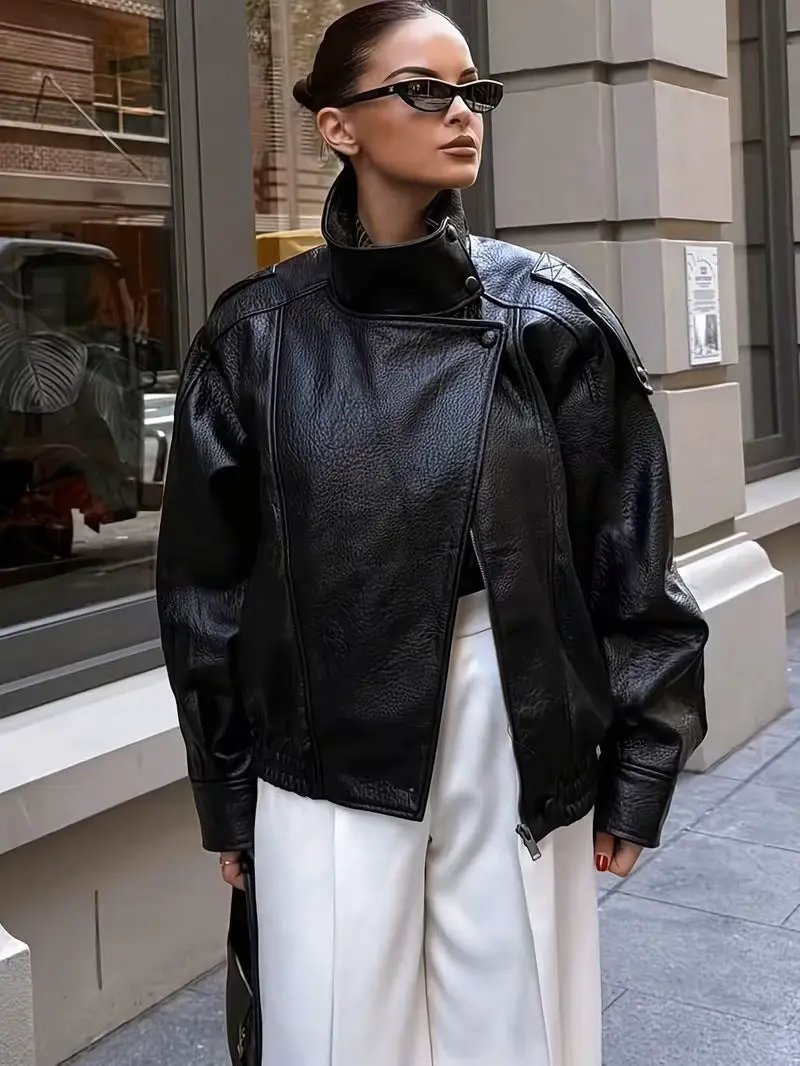 Women's stand-collar PU leather jacket, AdTec, loose-fitting short black outerwear.