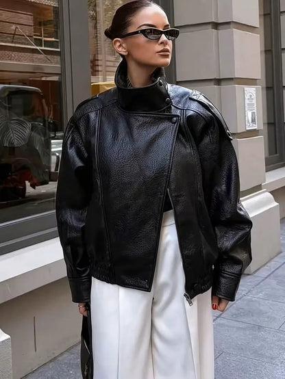 Women's stand-collar PU leather jacket, AdTec, loose-fitting short black outerwear.