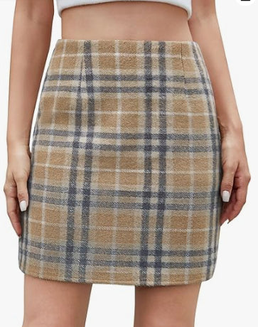 Mini-jupe crayon moulante en laine à carreaux taille haute pour femme