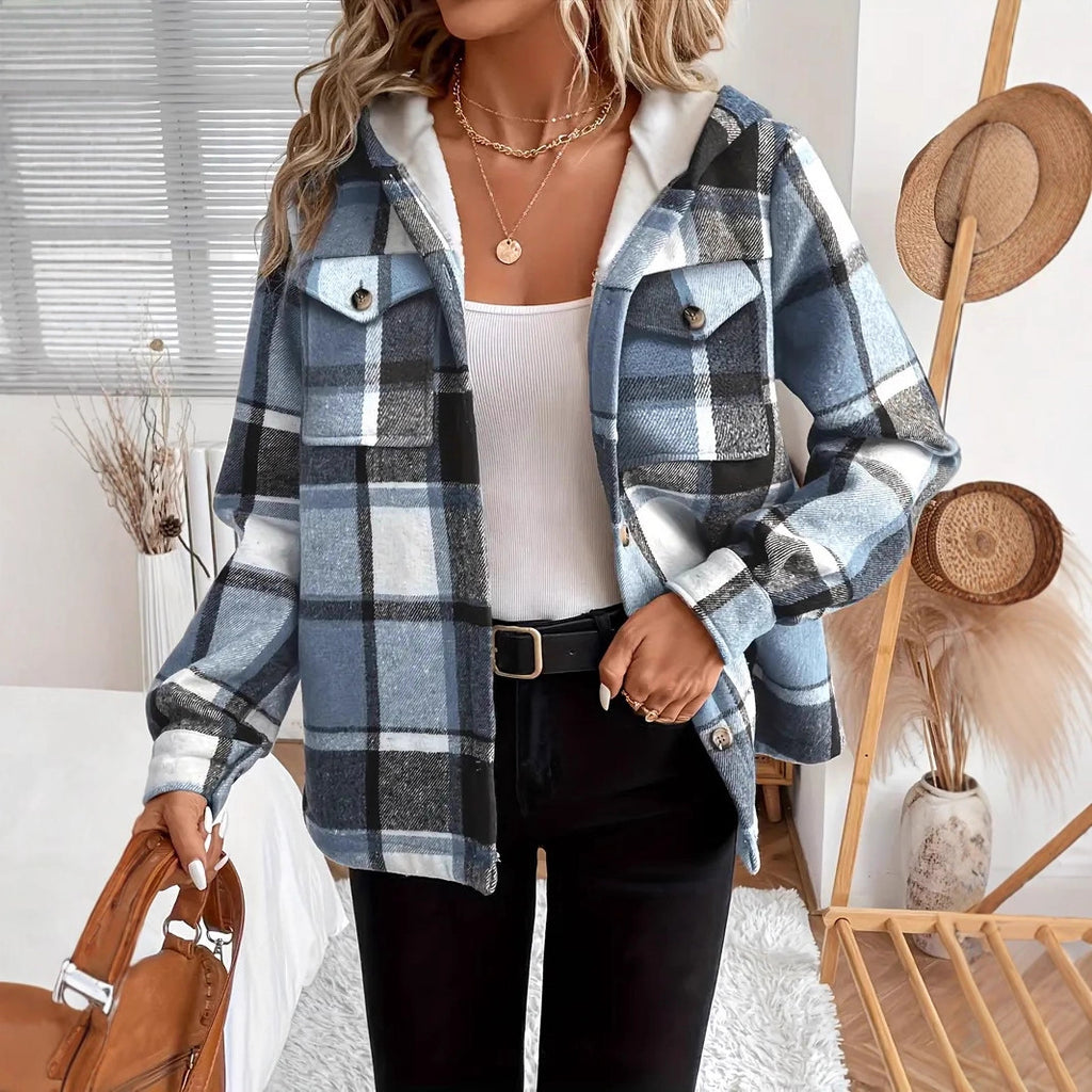 Veste décontractée ample à carreaux et à capuche à manches longues pour automne et hiver
