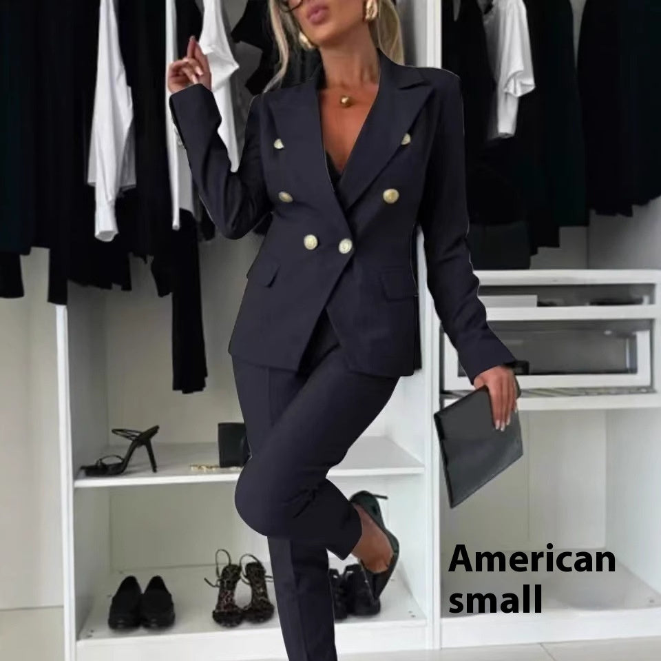 Veste de costume décontractée avec revers fins, veste croisée et pantalon zippé pour femme