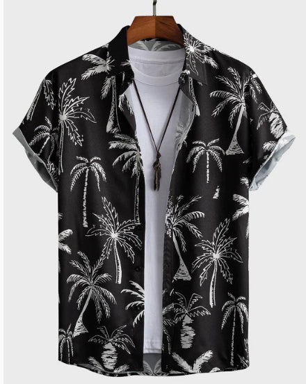 Camisa de hombre informal de manga corta con estampado de rosas