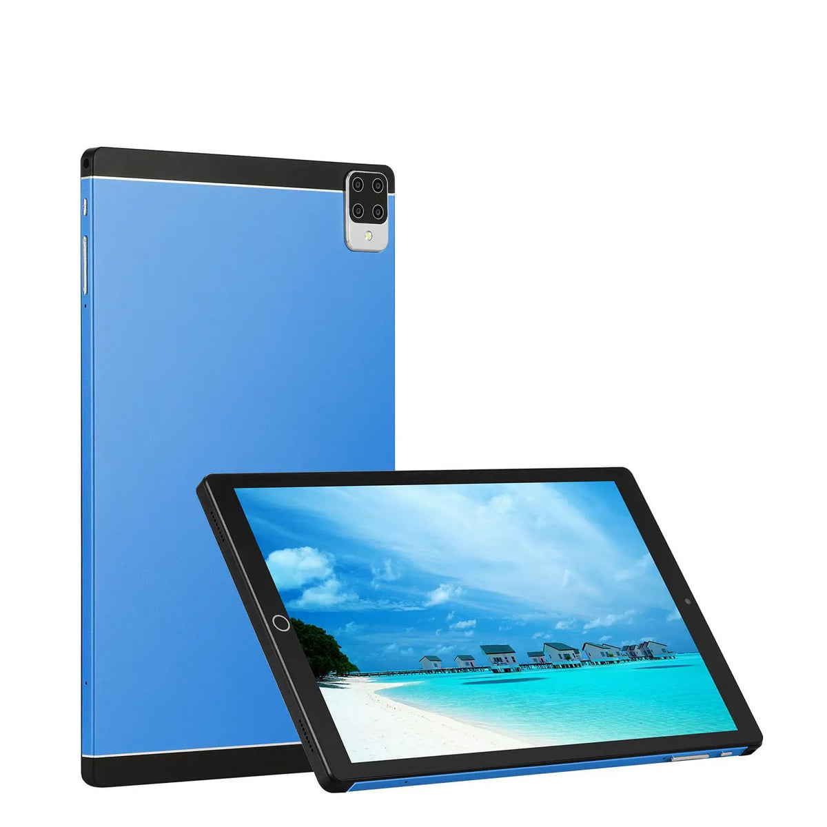 AdTec Tablet PC Android 15 blue back with black top strip and quad-camera rear; front display shows beach wallpaper