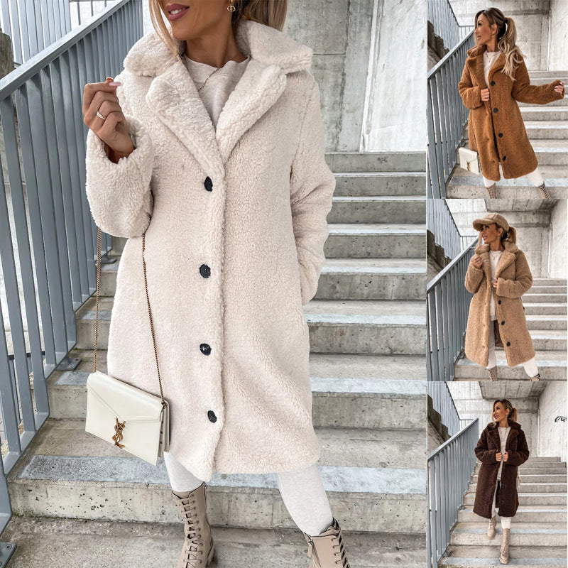 Haut de veste en peluche à revers et manches longues pour femme