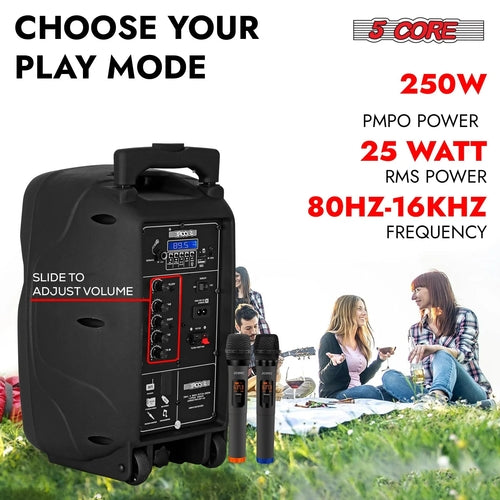 5Core 8 Inch PA Portable Bluetooth Party Speaker Karaoke Boombox + 2