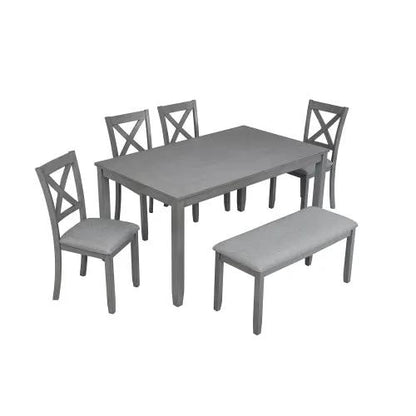 6 Piece Kitchen Dining Set by AdTec in gray wood finish with X-back chairs and upholstered bench.