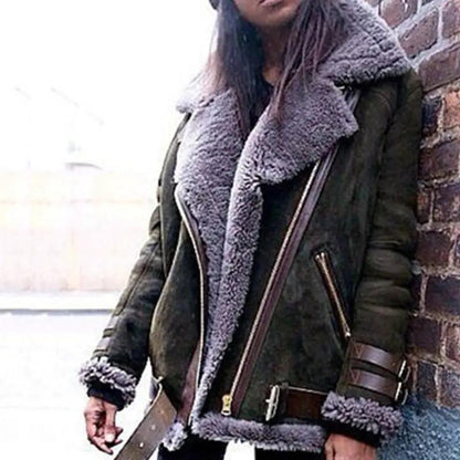 Suede leather jacket and lamb wool warm coat by AdTec; olive green with gray shearling trim