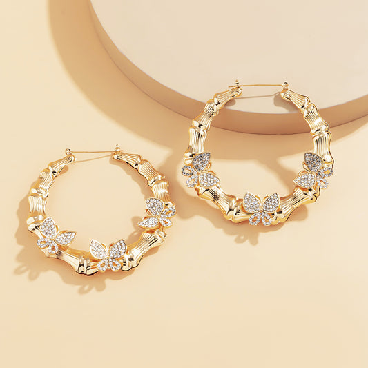 Boucles d'oreilles Papillon Intelligentes Micro-incrustées Rétro Exagérées en Bambou Rond