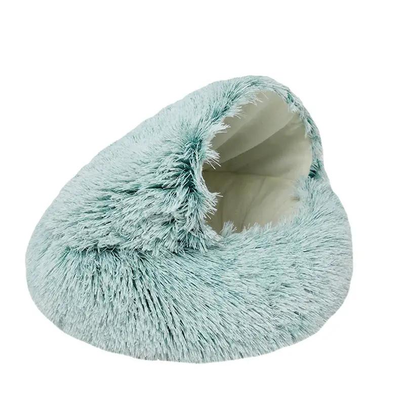 Cat round cave bed in crystal velvet warm light-teal plush