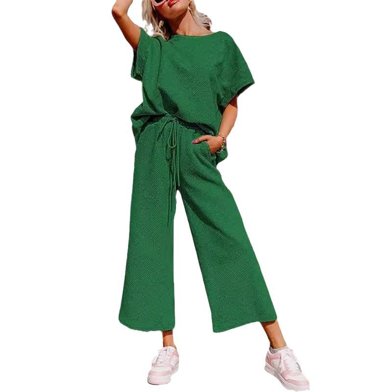 Ensemble deux pièces short et haut à manches courtes décontracté pour femme, texture couleur unie