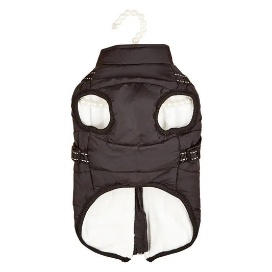 AdTec pet warm dog coat, black quilted cotton-padded fleece-lined jacket with leg openings