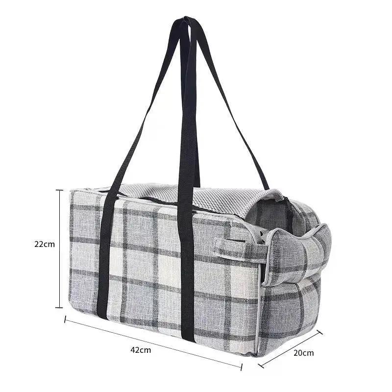 Car travel pet bag AdTec, breathable grey plaid fabric with dual black straps