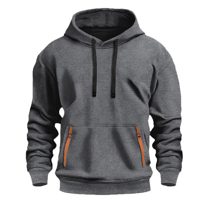 New Fallwinter Mens fleece-lined hoodie in gray with black drawstrings and orange zippered pockets
